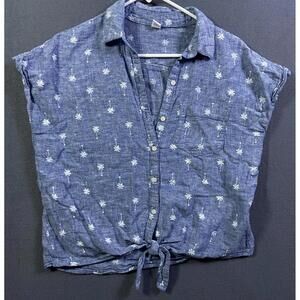 Old Navy Palm Trees Tie Front Button Up Linen/Cotton Blend Women Medium Beach